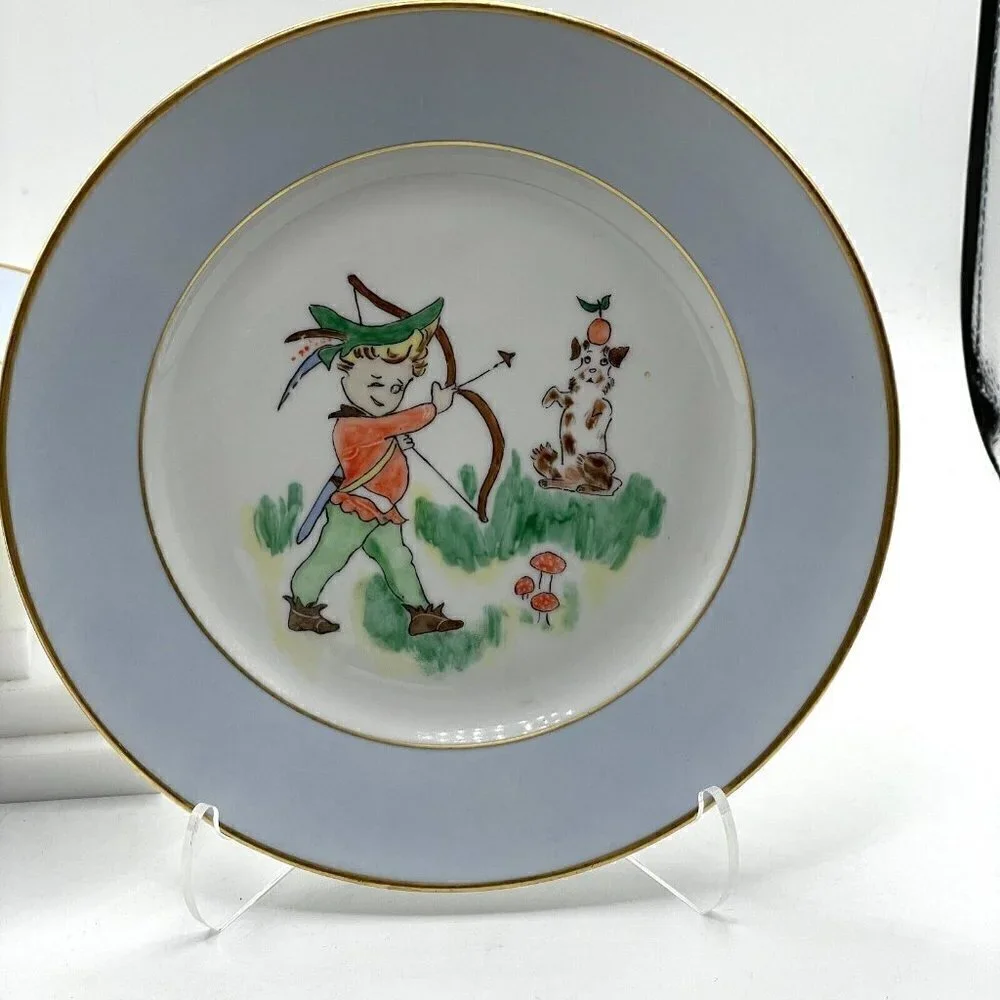 Vintage Signed 1954 Denmark Ceramic Hand Painted Blue Rim Child's Plate Bowl Set